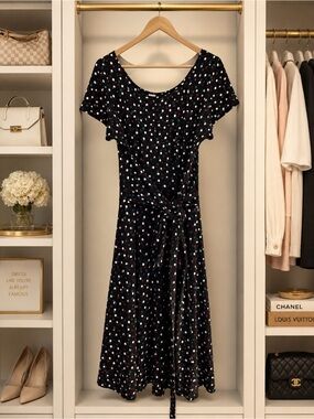 Leota Wrap Dress Size M Black Confetti Dot Print Stretch Tie Waist